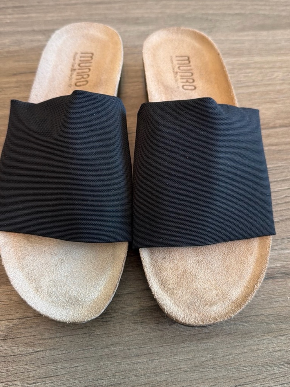 Munro Black Wide-Band Slide Mules with Tan Suede Footbed